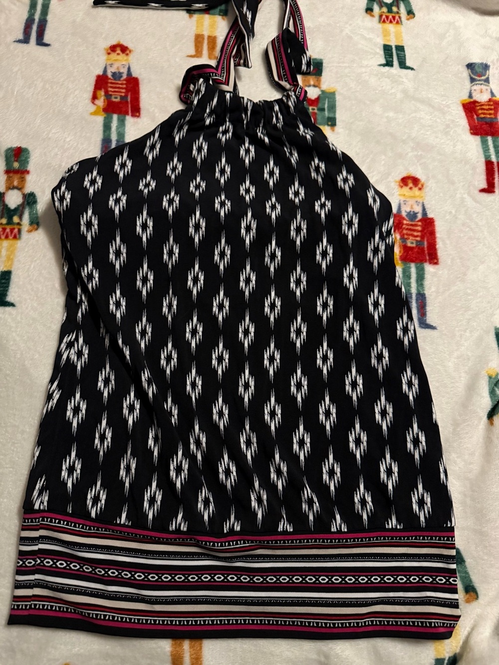 White House Black Market Black and White Ikat Sleeveless Halter Tank